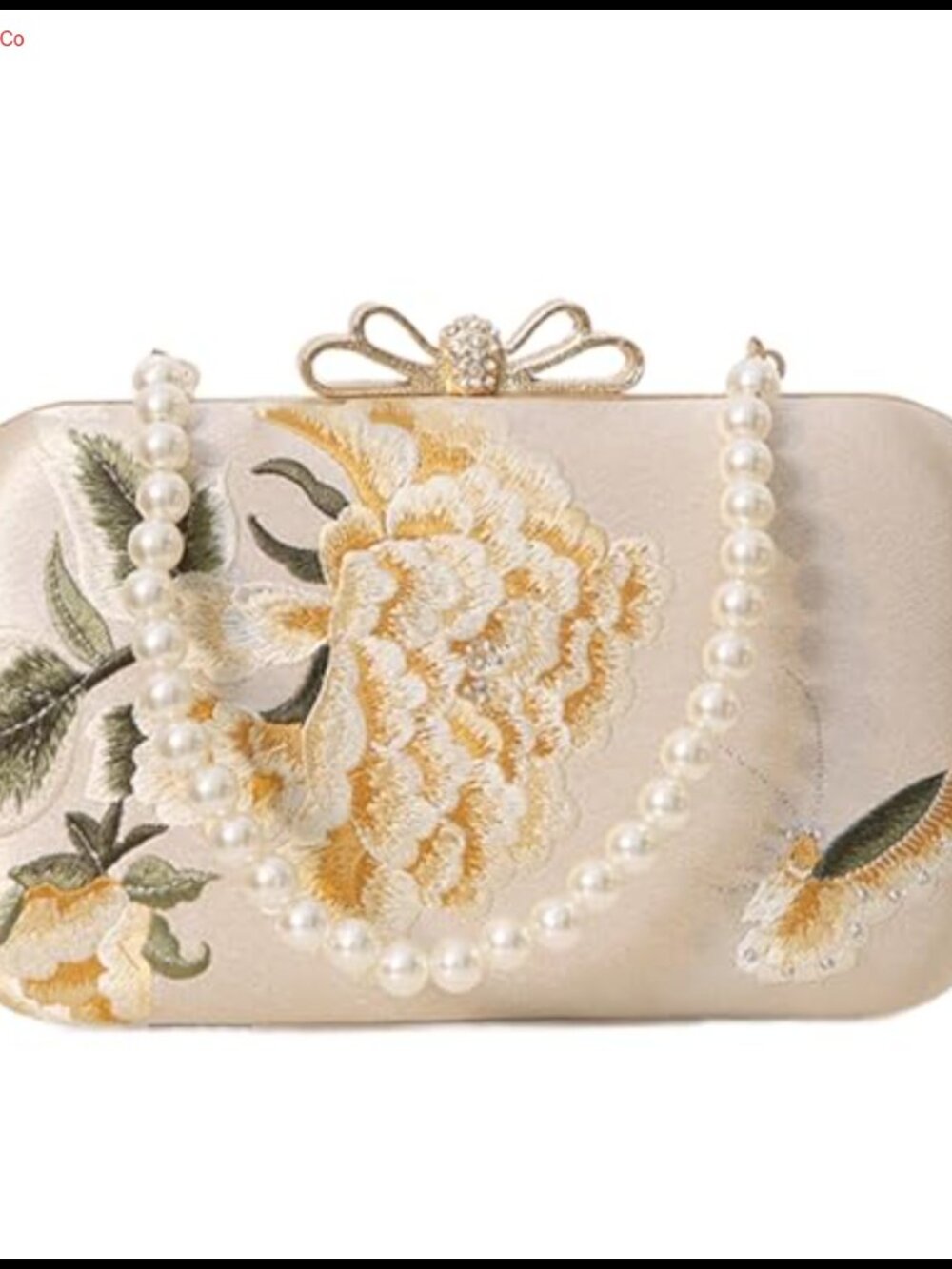 Floral Embroidery Evening Clutch with Pearl Handles and Chain